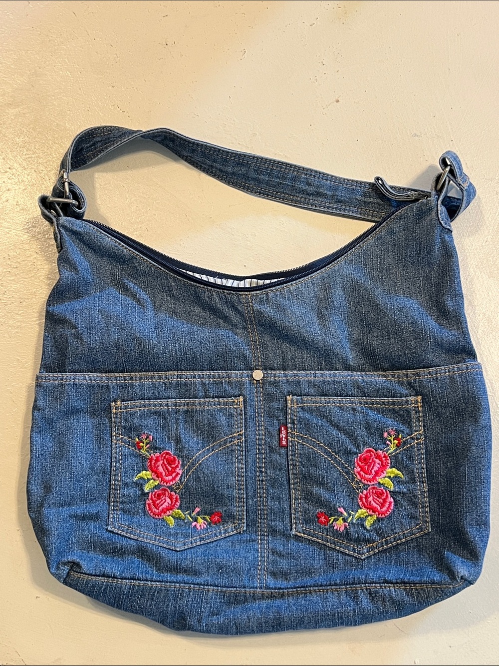 Levi's Denim Shoulder Bag with Pink Rose Embroidery - Blue